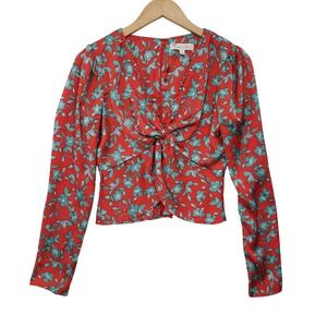 Love Whit Floral Blouse Womens Size S Red Teal Twist Front Long Sleeve Top Boho